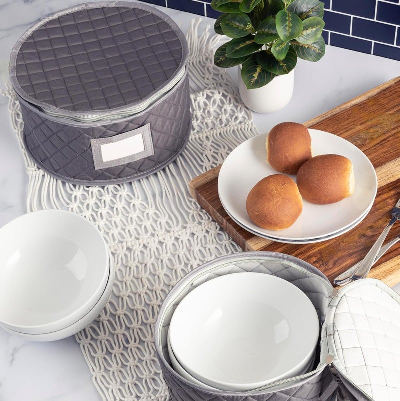 Stack Store Plus More Fine China Storage - Set of 4 Quilted Cases for Dinnerware Storage. Sizes: 12" - 10" - 8" and 7" Wide - Gray - 48 Felt Plate Separators Included - Image 3